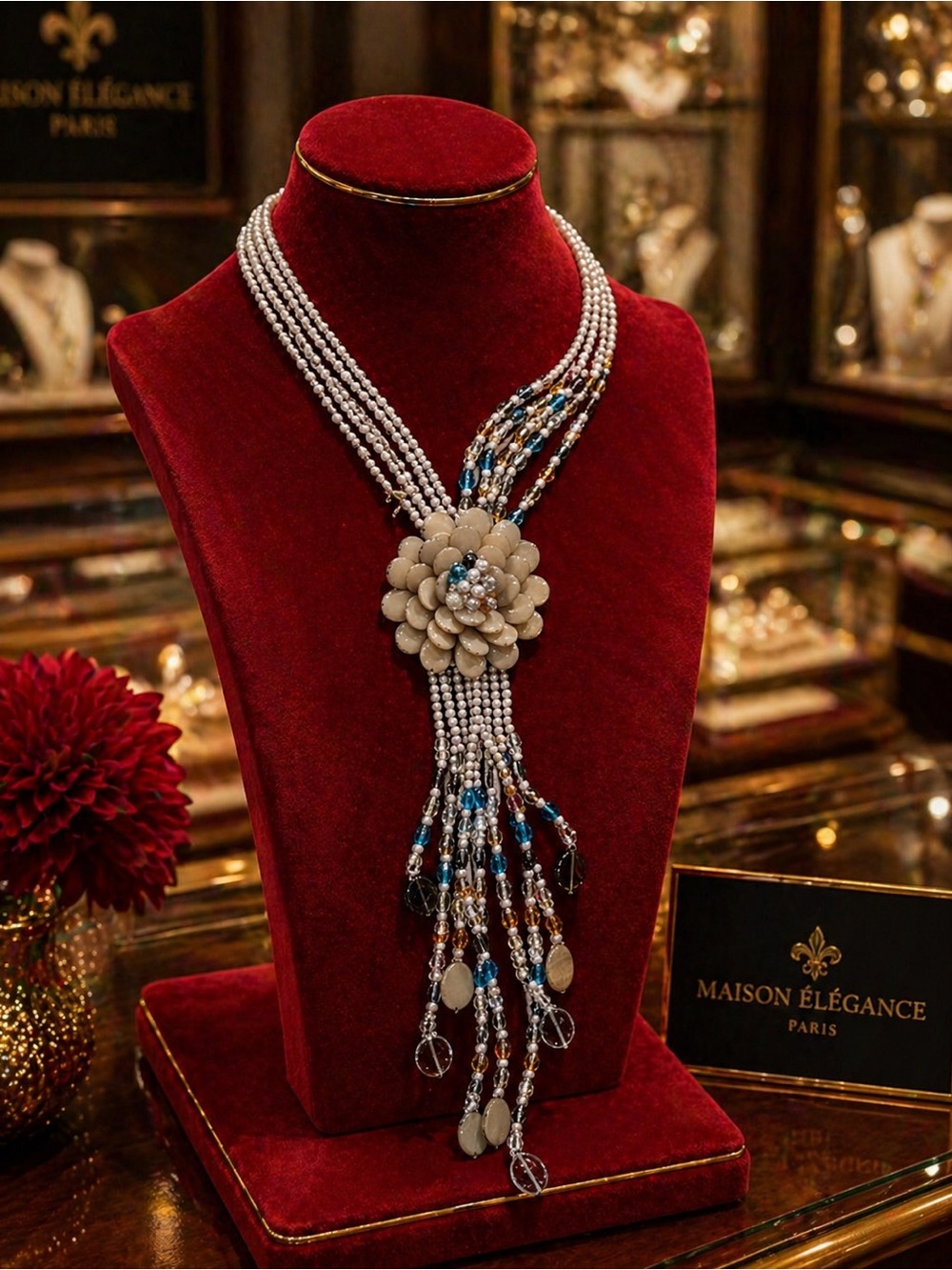 Joan Rivers Starlet Gray Flower W/Multi-Color AB Crystals Beads Necklace